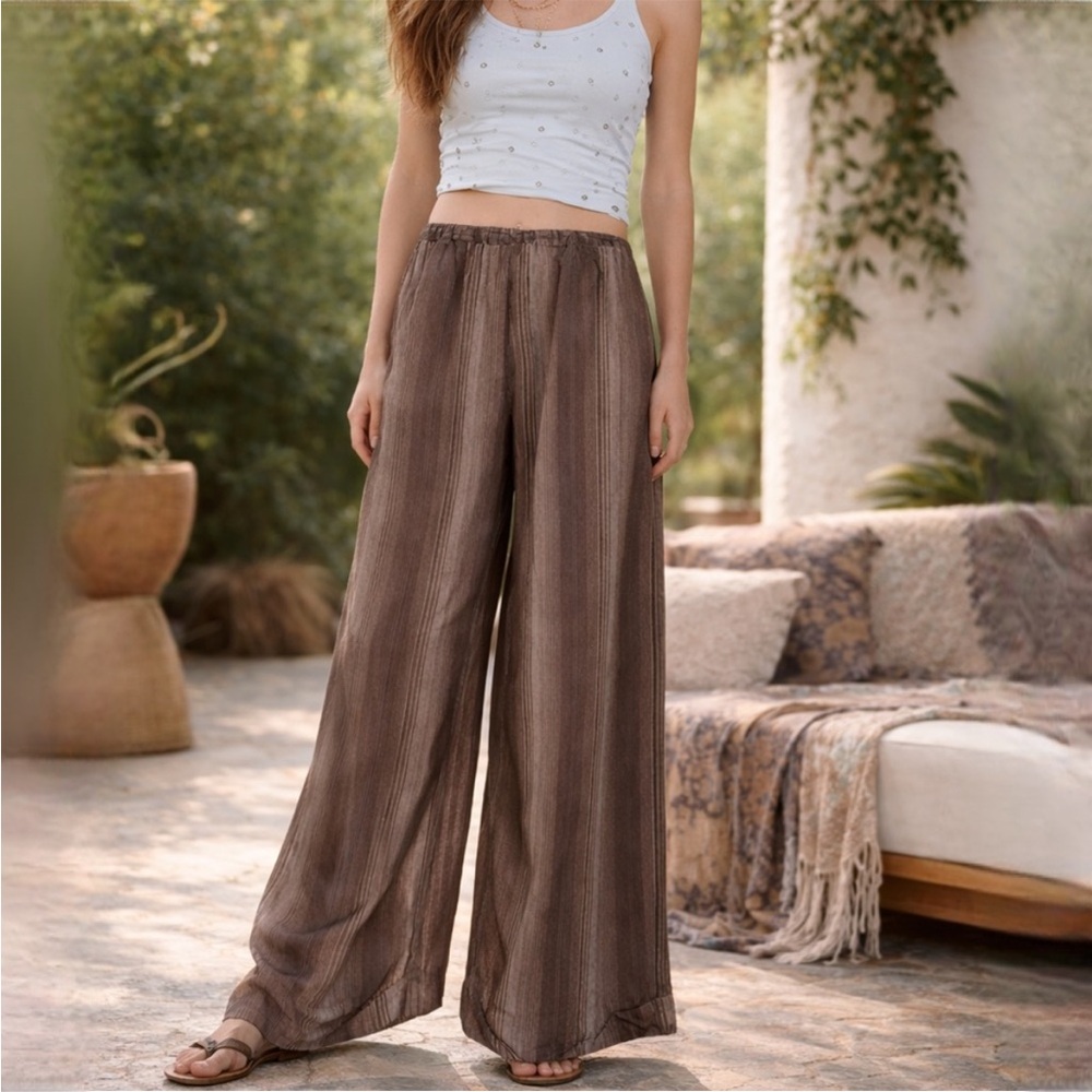 Brown Tan Wide Flare Stripe Leg Genie Palazzo Barrel Pull On Boho Artsy